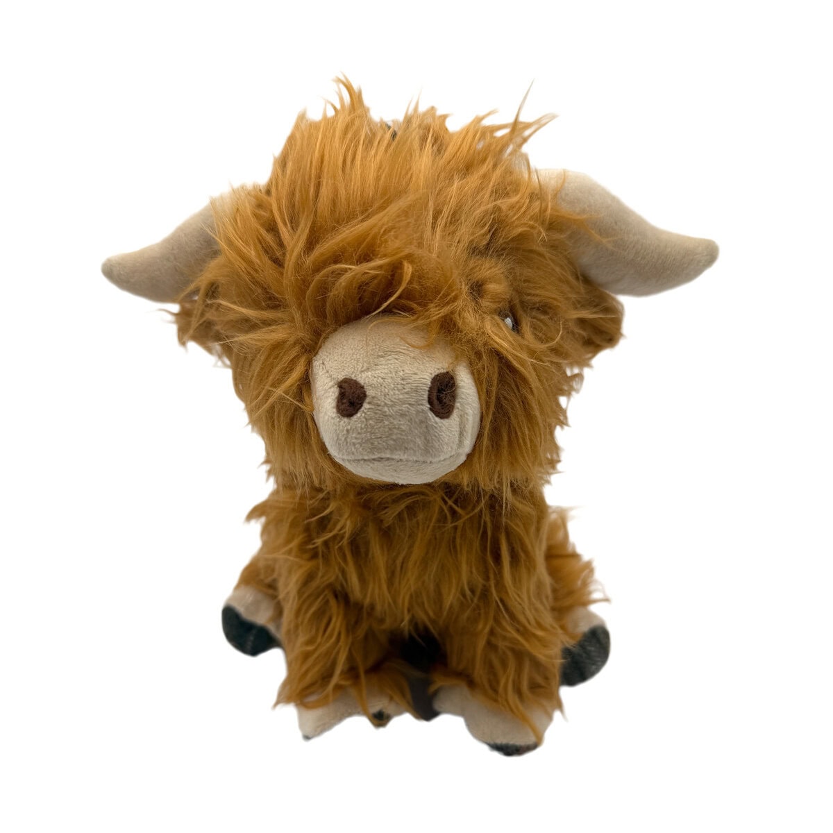 Front view of the Ancol Heritage Highland Cow dog toy in soft brown plush fur – EdenWave