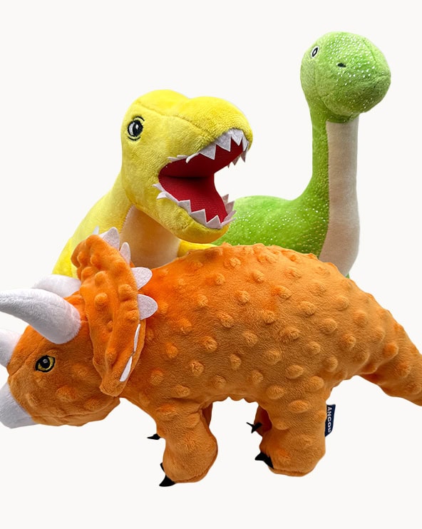 Ancol Cuddle Roarsome Dino plush dog toys – set of three dinosaurs in bright colors – EdenWave