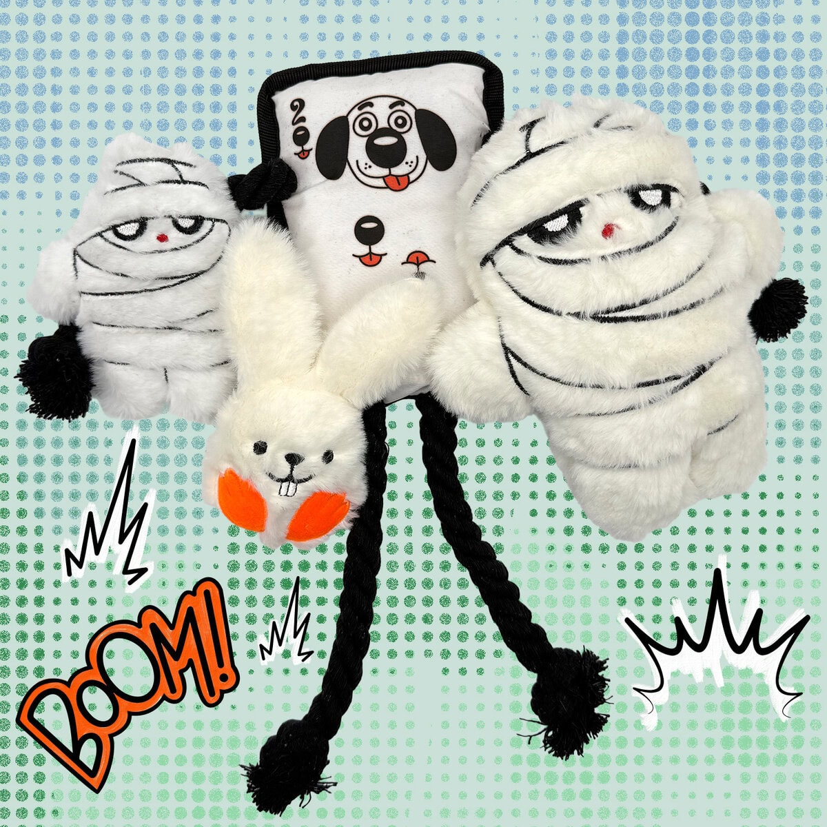 Three plush mummy-style dog toys from WufWuf with comic book effects and playful design – EdenWave