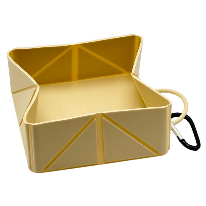 Cocopup London foldable silicone travel dog bowl – nude, fully unfolded open square shape with carabiner clip attached