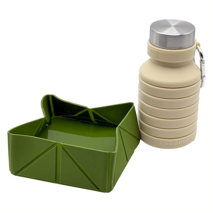 Cocopup London khaki foldable silicone dog bowl of water beside Cocopup nude 500 ml collapsible silicone water bottle