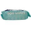 Side view of Floofs Dog Wipes pack in light blue, showing 100% bamboo wipes and icons for full body, nose, bum, and paws cleaning.