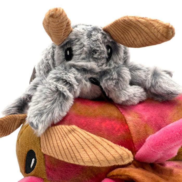 Fluffy Moth dog toy in grey and pink – grey moth is ultra-fluffy, pink moth has a silky-soft feel. Cute eco-friendly plush toys by Ancol.