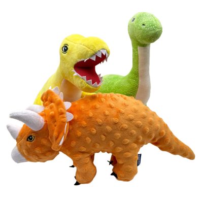 Green, yellow, and orange dinosaur plush toys from the Roarsome Dinos collection by Ancol