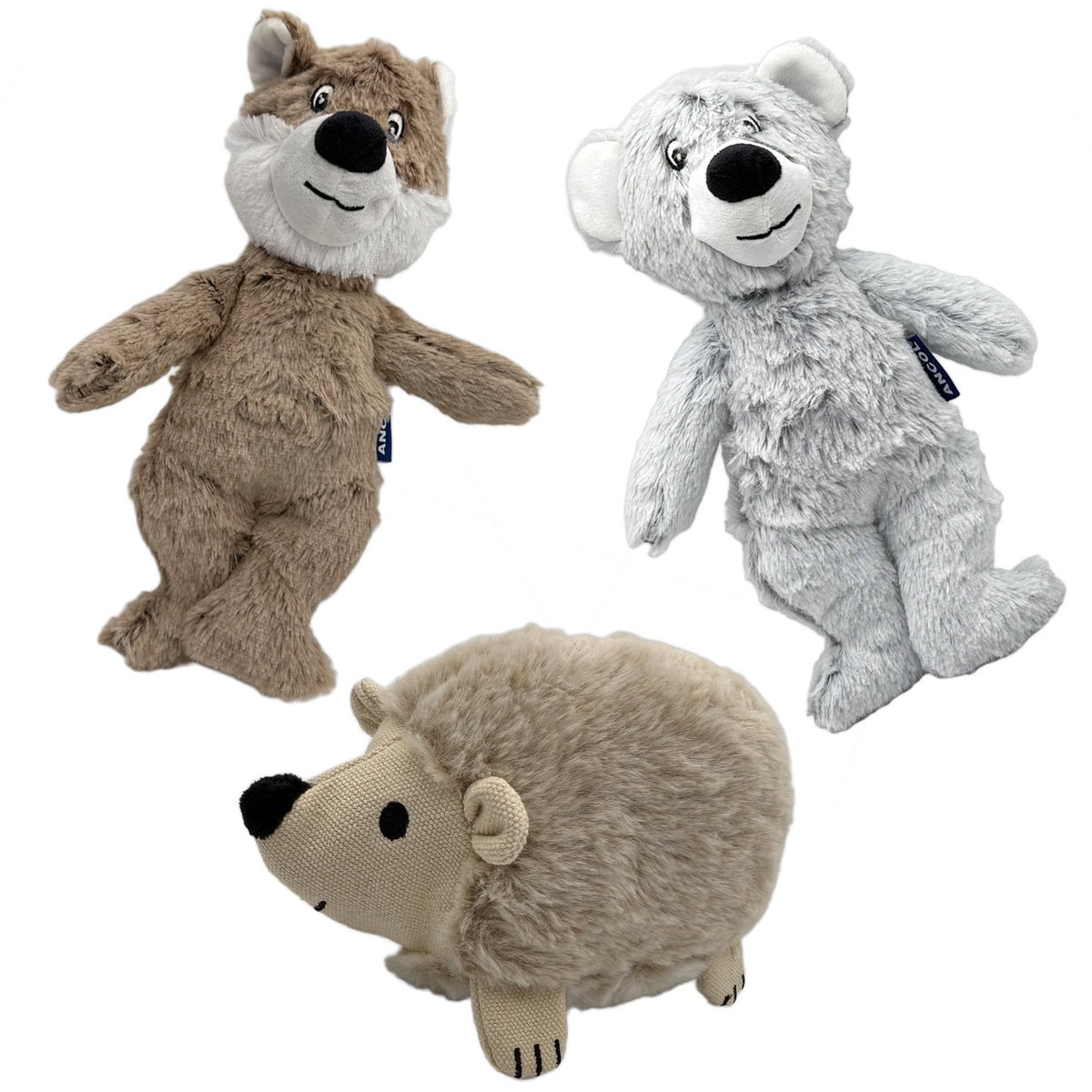 Brown Fox, Grey Bear, and Hedgehog plush toys from the Ropey Bellies collection by Ancol