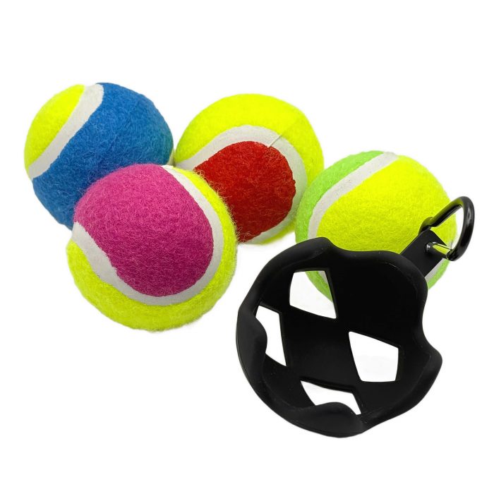 Ancol Playtime tennis balls next to a black Cocopup London ball holder