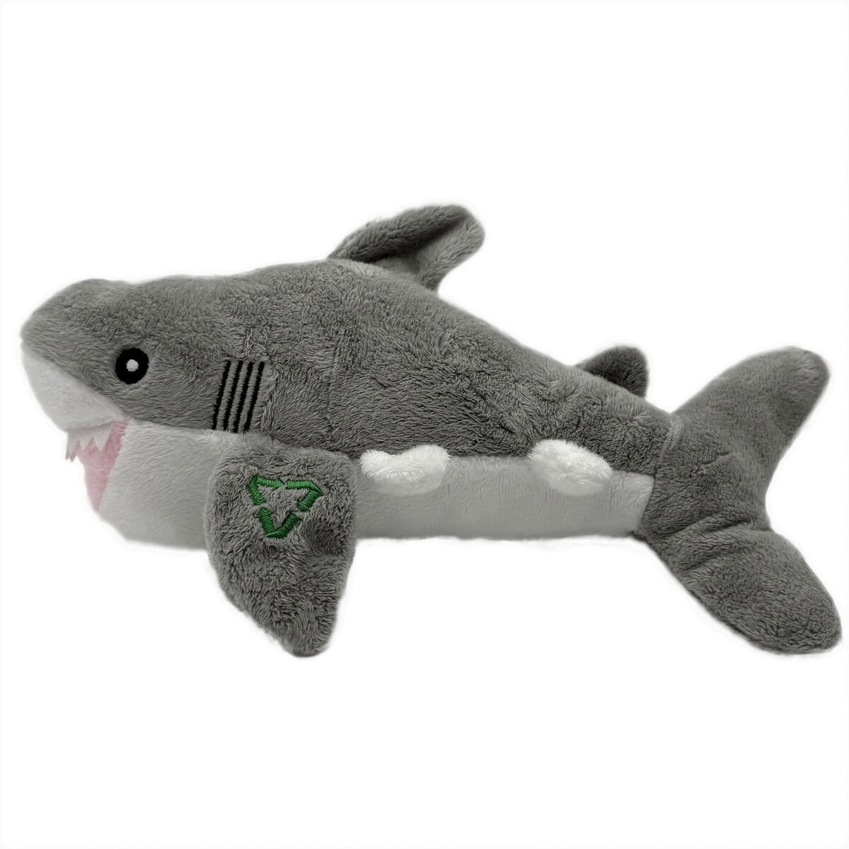 AN-DOG-0005_Shark_side02 copy Side view of the Made From Shark Cuddler dog toy, 33cm soft grey plush made with 100% recycled materials, featuring a squeaker for comfort and gentle play.