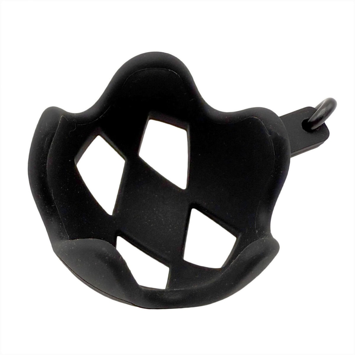 CP-DOG-0002_Ball Holdder_Main copy Cocopup London Tennis Ball Holder in black, durable silicone accessory with cut-out design and carabiner clip, shown empty without a ball.