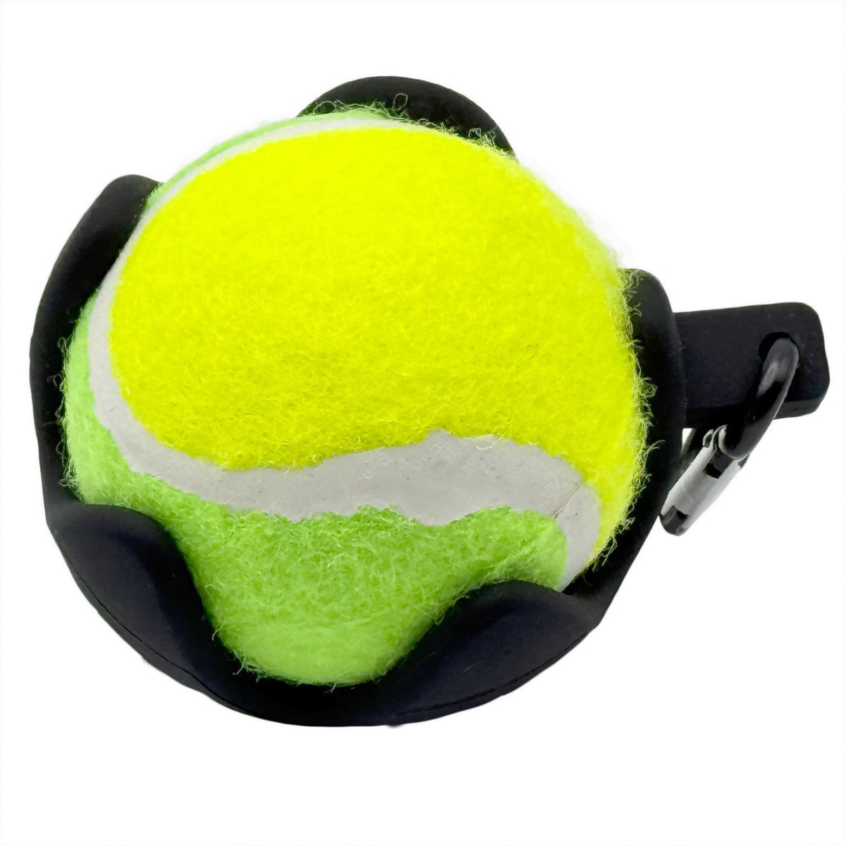 CP-DOG-0002_Ball Holdder_With Ball copy Cocopup London Tennis Ball Holder in black, durable silicone accessory with cut-out design and carabiner clip, shown holding a bright yellow tennis ball.
