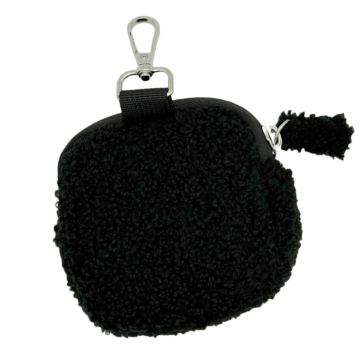 CP-PET-0001_Teddy Baloo_Back copy Back view of Cocopup London Teddy Treat Pouch Baloo in black fluffy fabric, compact square design with zip and metal clip, shown on a white background.