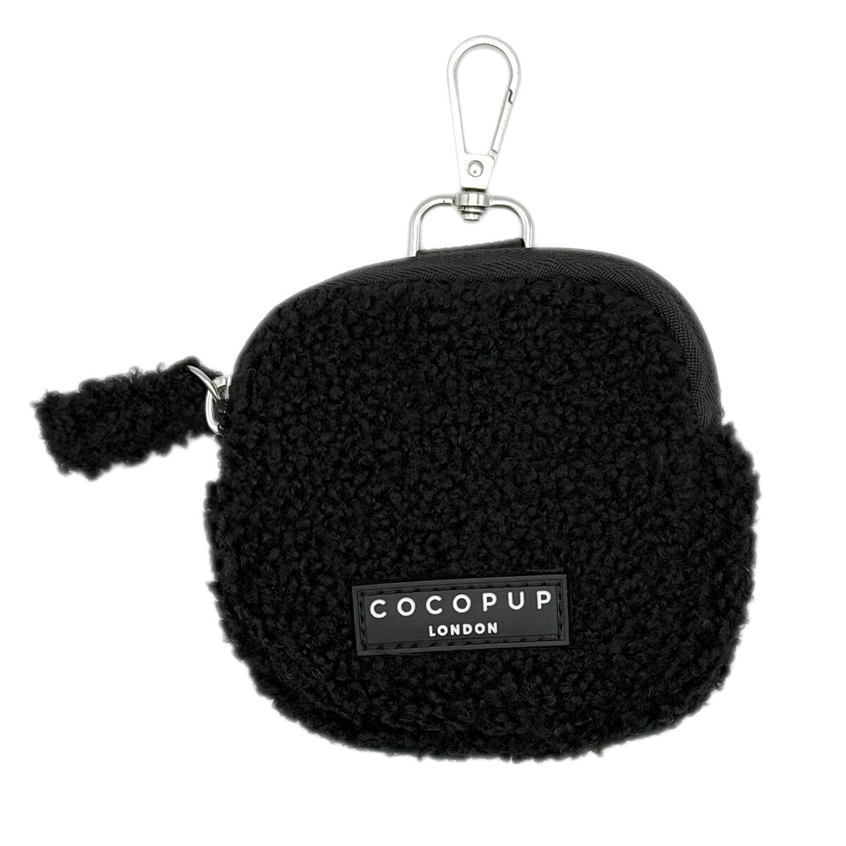 CP-PET-0001_Teddy Baloo_Front copy Front view of Cocopup London Teddy Treat Pouch Baloo in black fluffy fabric, compact square design with zip and metal clip, shown on a white background.