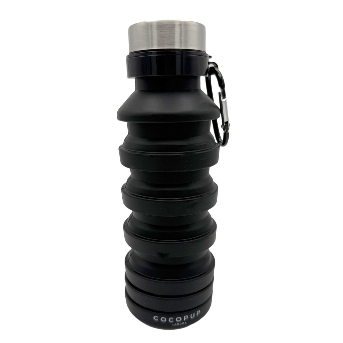 CP-PET-0002-BL-FRONT copy Collapsible water bottle in black silicone, fully extended, with stainless steel lid and carabiner clip, shown on a white background.