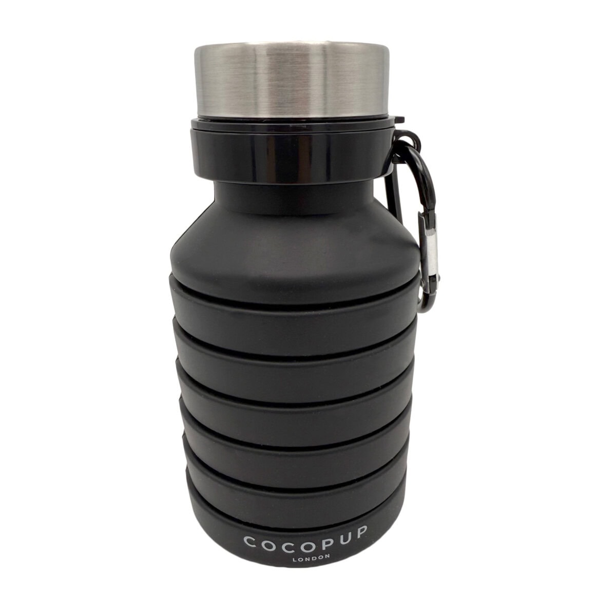 CP-PET-0002-BL-SHORT copy Collapsible water bottle in black silicone, fully collapsed, with stainless steel lid and carabiner clip, shown on a white background.