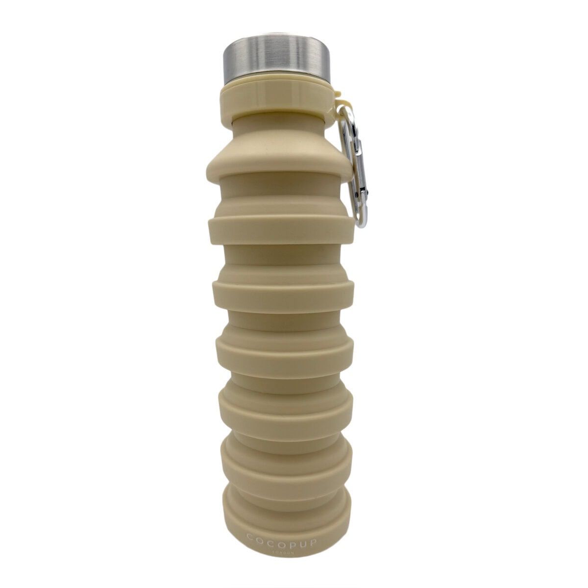 CP-PET-0002-NU-LONG copy Collapsible water bottle in nude silicone, fully extended, with stainless steel lid and carabiner clip, shown on a white background.
