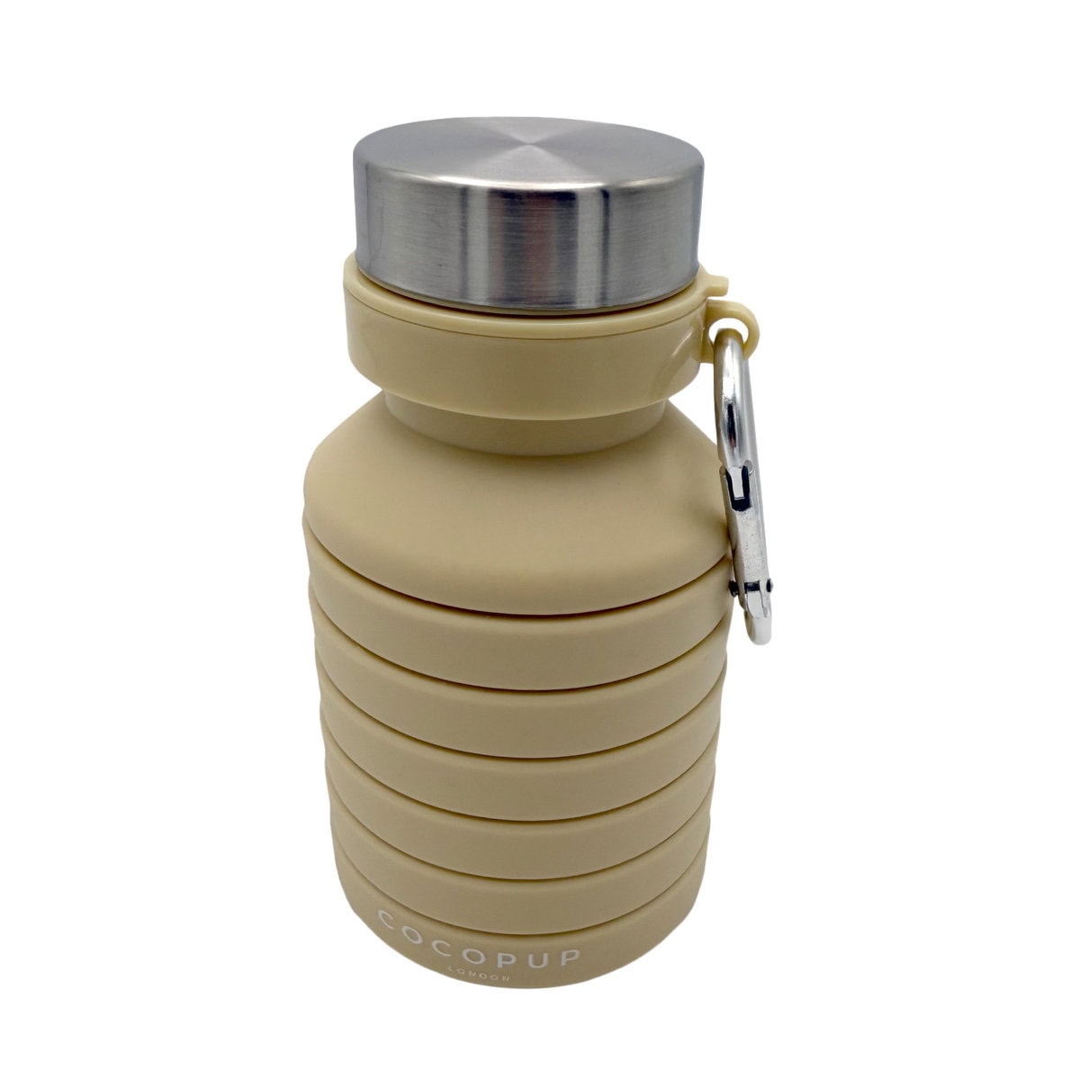 CP-PET-0002-NU-short copy Collapsible water bottle in nude silicone, fully collapsed, with stainless steel lid and carabiner clip, shown on a white background.