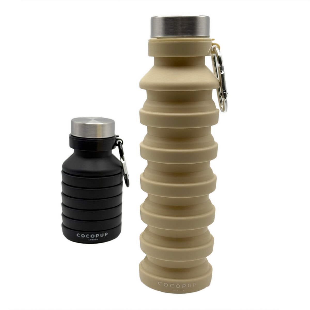 CP-PET-0002-NU_Water Bottle NU Cocopup London Collapsible Water Bottle, nude bottle shown fully extended and black bottle shown folded, 500ml silicone design with stainless steel lids and carabiner clips.
