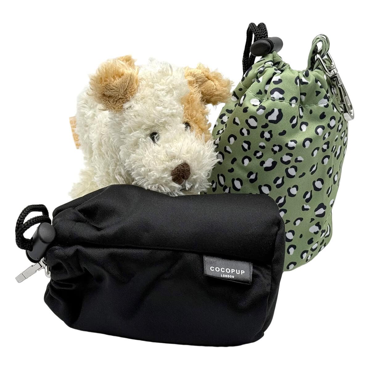 CP-PET-0003-BL-SA-A Dog copy Cocopup London Drawstring Treat Pouch in sage green leopard print with waterproof lining, compact design with drawstring closure and metal clip, shown on a white background.