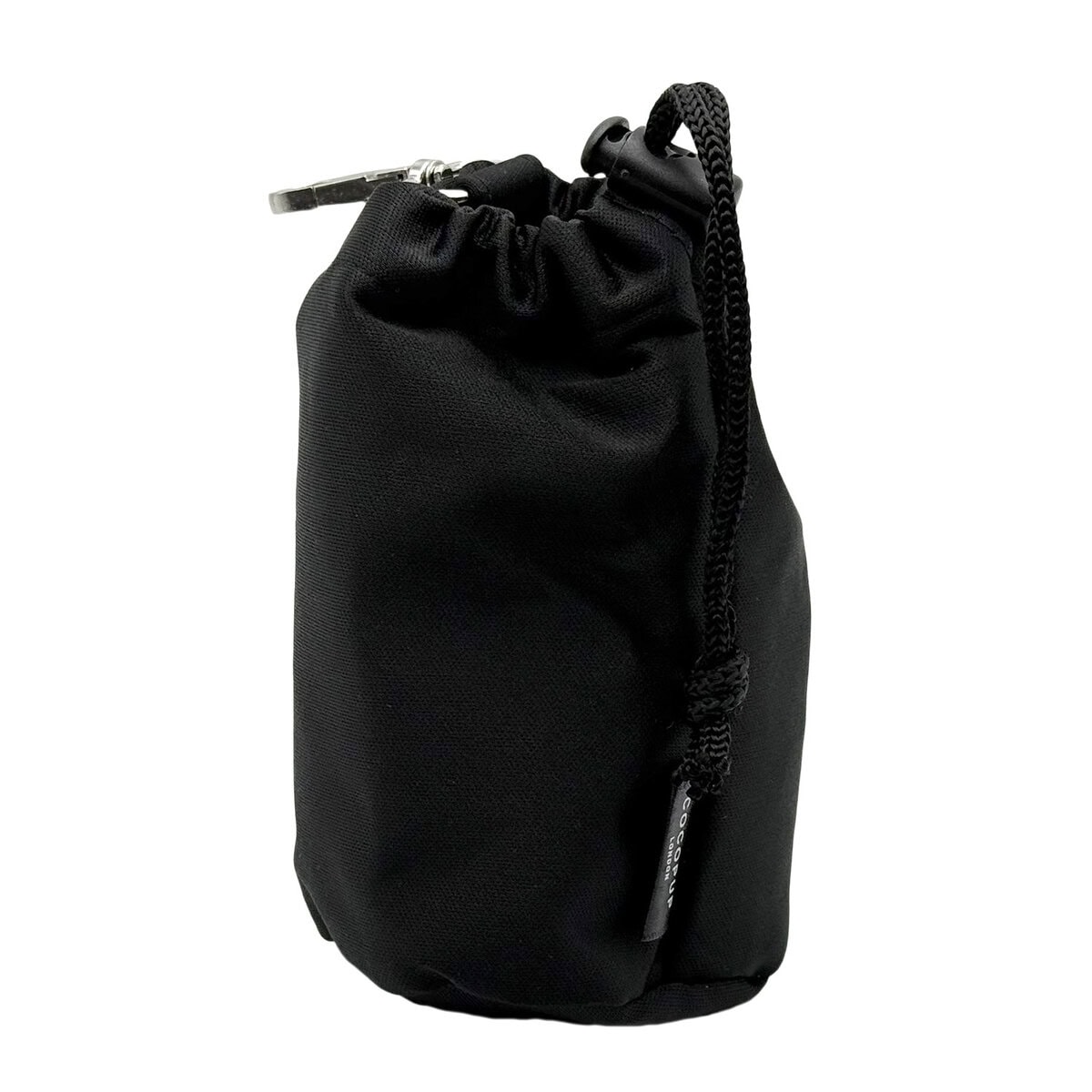 CP-PET-0003-BL copy Cocopup London Drawstring Treat Pouch in black polyester with waterproof lining, compact design with metal clip and drawstring closure, shown on a white background.