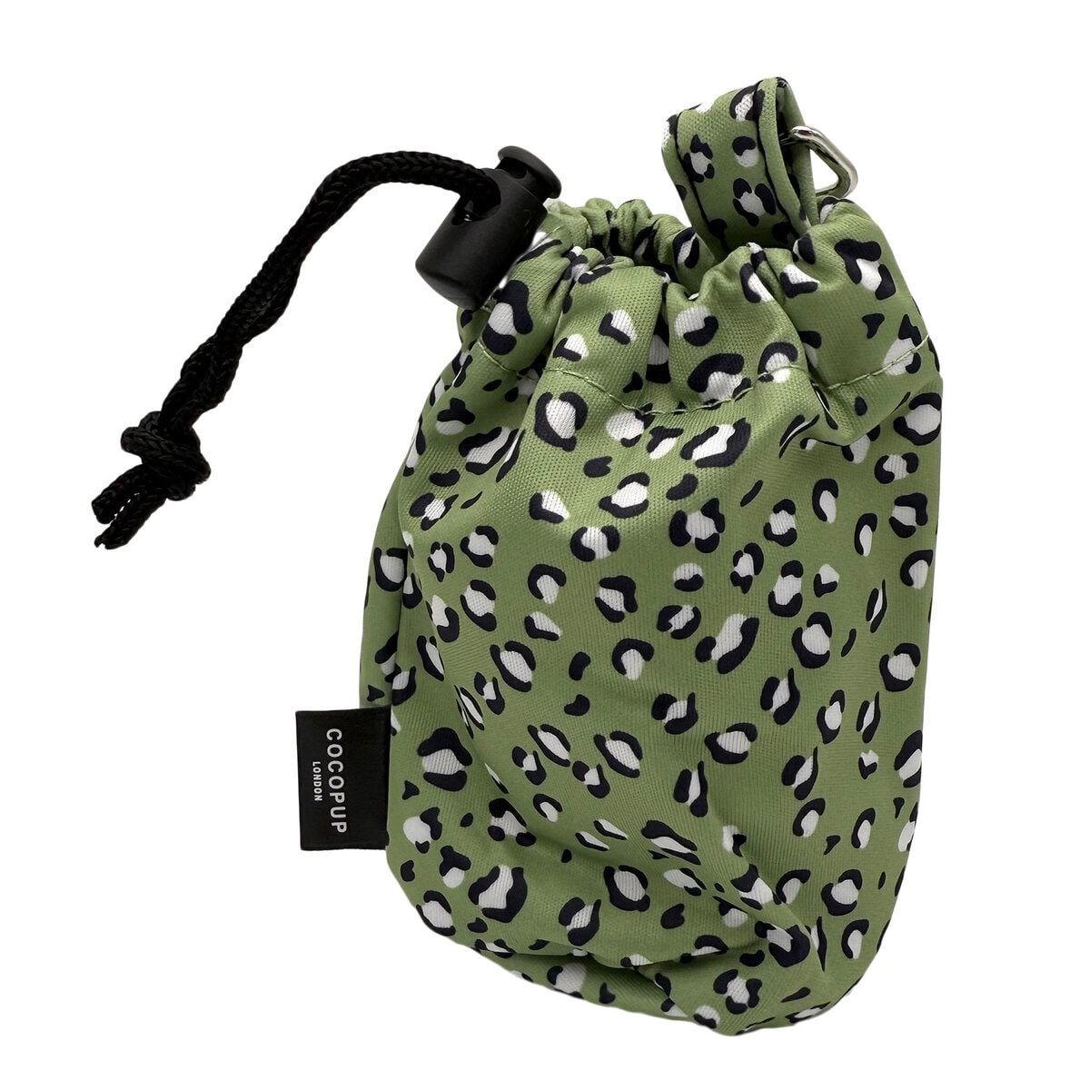 CP-PET-0003-SA copy Cocopup London Drawstring Treat Pouch in sage green leopard print with waterproof lining, compact design with drawstring closure and metal clip, shown on a white background.