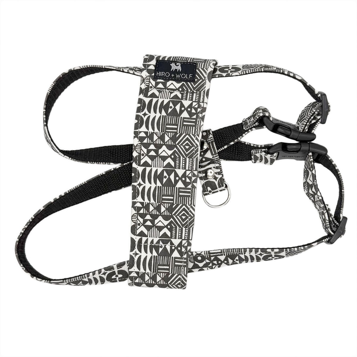HW-DOG-0002-ML copy Hiro + Wolf Bow Wow Haus Dog Harness in black and white geometric print, step-in style with adjustable straps and padded chest plate, shown on a white background.