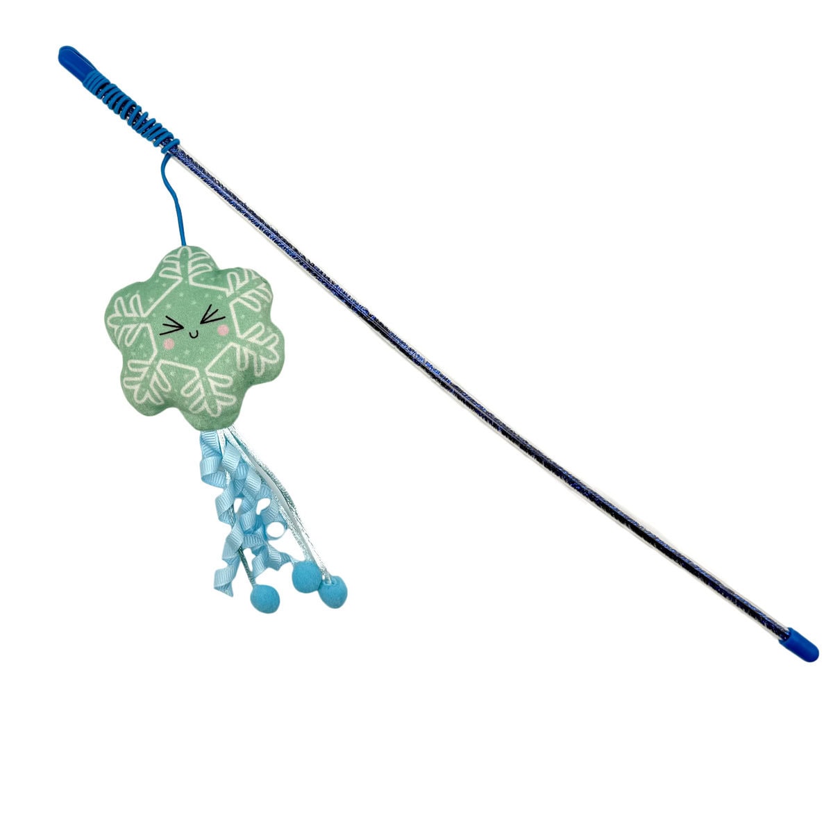 WW-CAT-0001-SN_01 copy WufWuf Smart Choice Snowflake Glitter Cat Teaser, wand toy with blue handle and plush snowflake topper, decorated with ribbons and pom-poms, shown on a white background.