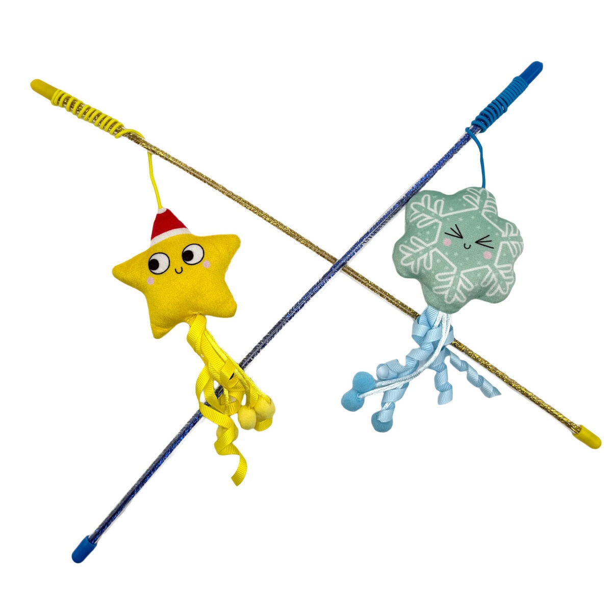 WW-CAT-0001-ST and SN_01 copy WufWuf Smart Choice Glitter Cat Teasers, Star and Snowflake designs shown together, wand toys with plush toppers, ribbons and pom-poms, displayed on a white background.