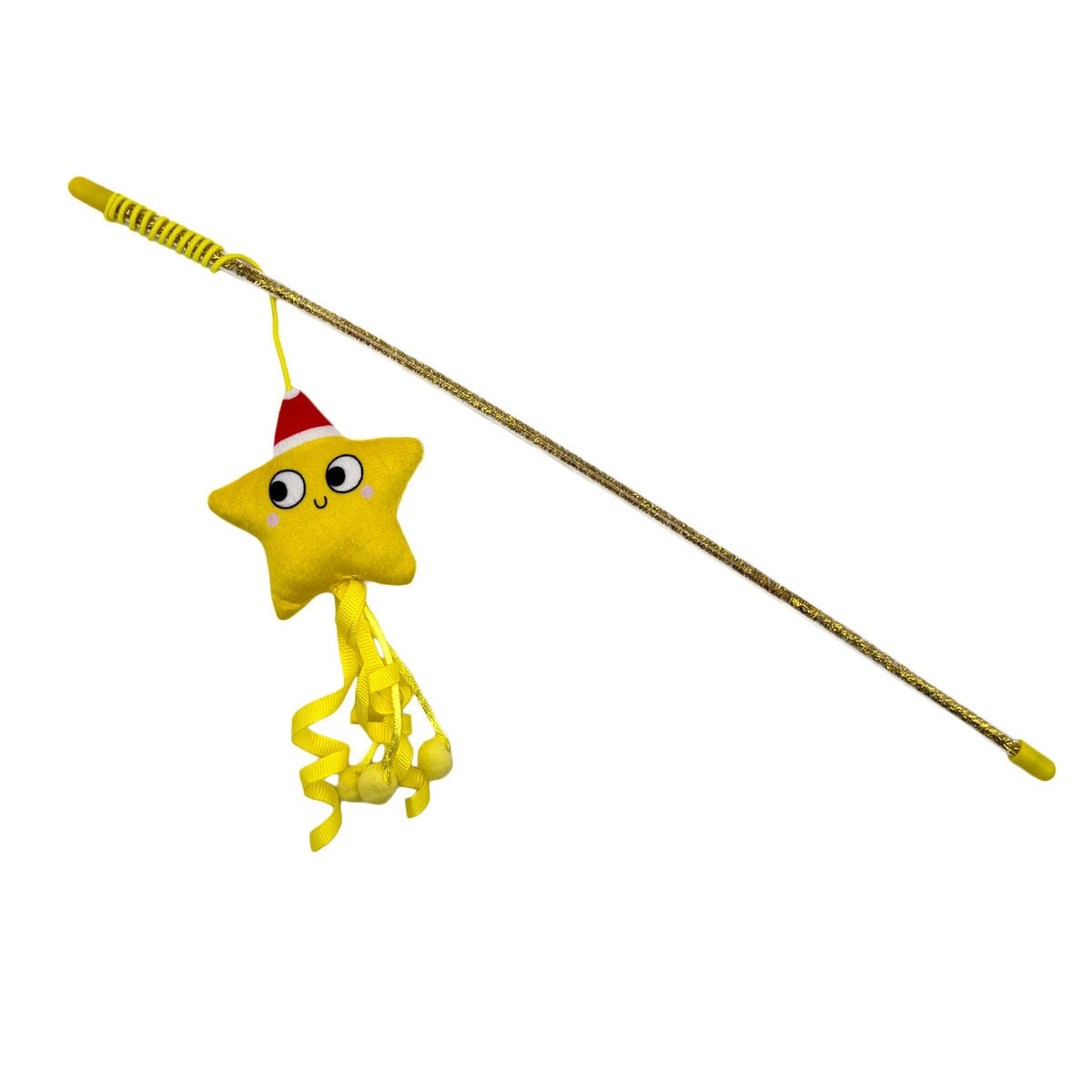 WW-CAT-0001-ST_01 copy WufWuf Smart Choice Star Glitter Cat Teaser, wand toy with red handle and plush yellow star topper, decorated with ribbons and pom-poms, shown on a white background.