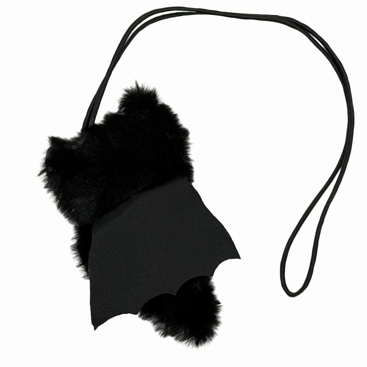 WW-CAT-0002-BAT_Back copy Back view of the WufWuf Mymeow Batmeow Finger Teaser Cat Toy, showing black plush fabric and bat-style cape with a long black string, displayed on a white background.