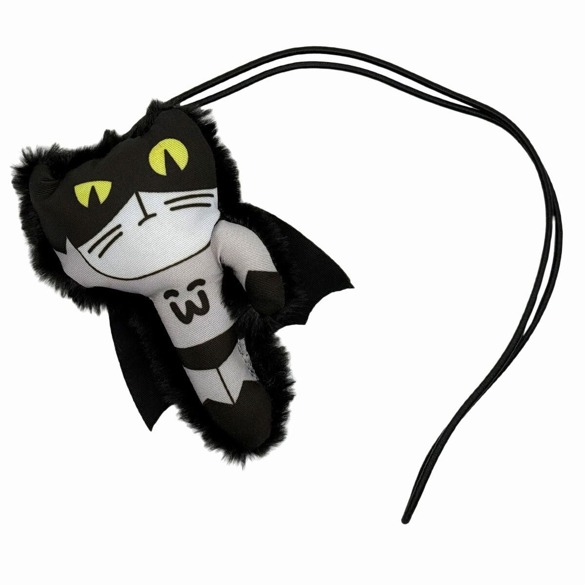 WW-CAT-0002-BAT_Front copy Front view of the WufWuf Mymeow Batmeow Finger Teaser Cat Toy, black and white plush bat cat character with yellow eyes and cape, attached to a long black string, shown on a white background.