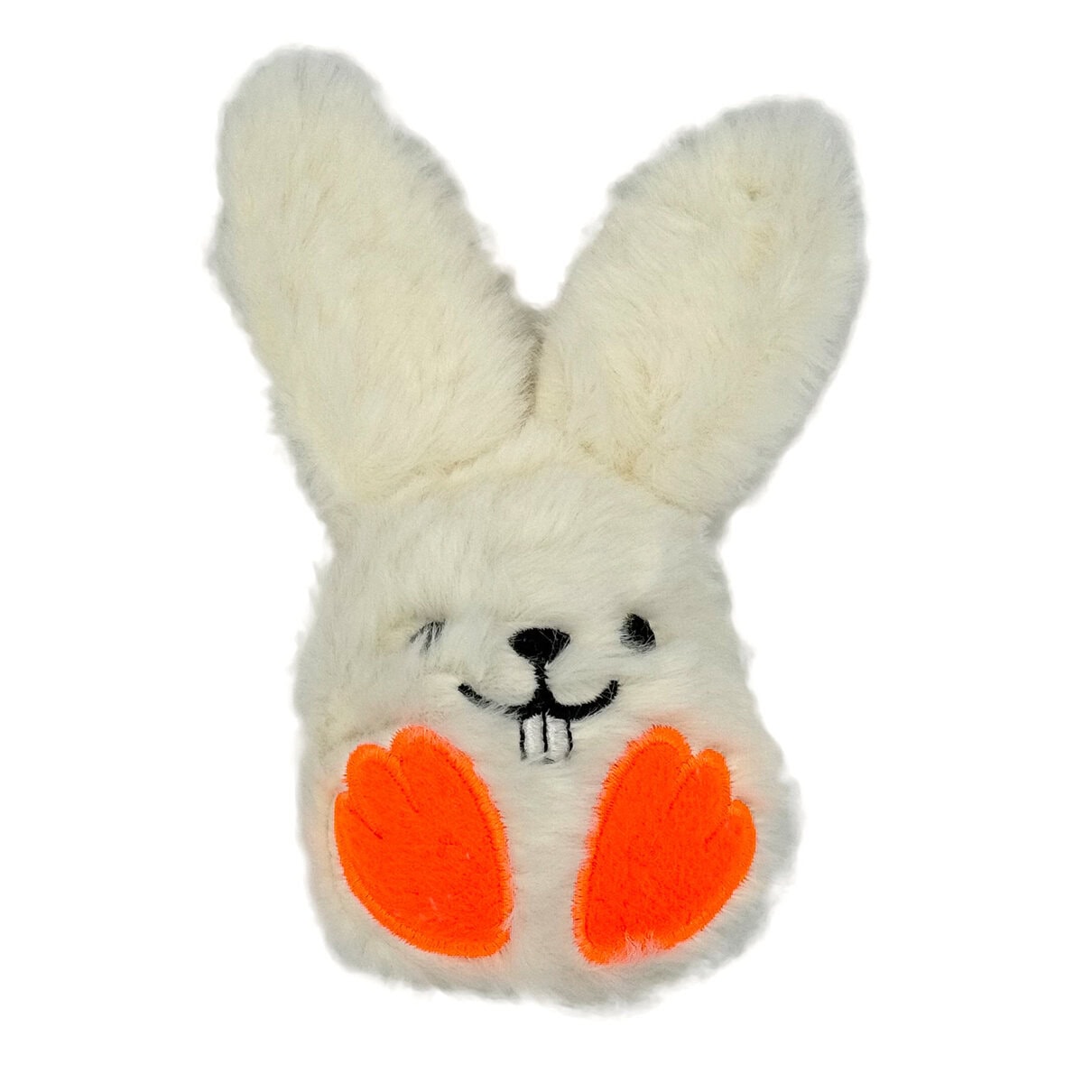WW-CAT-0003-_Bunny_Kicks_Front copy WufWuf Mymeow Bunny-Kicks Cat Plush Toy, soft white bunny with long ears, embroidered face and bright orange paws, designed for cats to kick and play, shown on a white background.