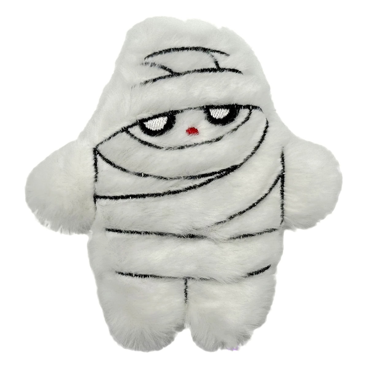 WW-CAT-0004-Mummy_Front copy WufWuf Mymeow My Mummy Refillable Plush Cat Toy, soft white plush mummy character with embroidered eyes and bandage details, shown on a white background.