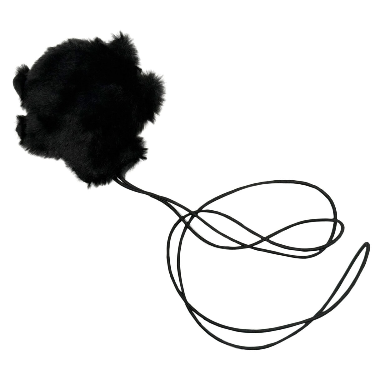 WW-CAT00002-VA_Back copy Back view of the WufWuf Mymeow Vampurr Teaser Cat Toy, fluffy black plush fabric with long black string, displayed on a white background.