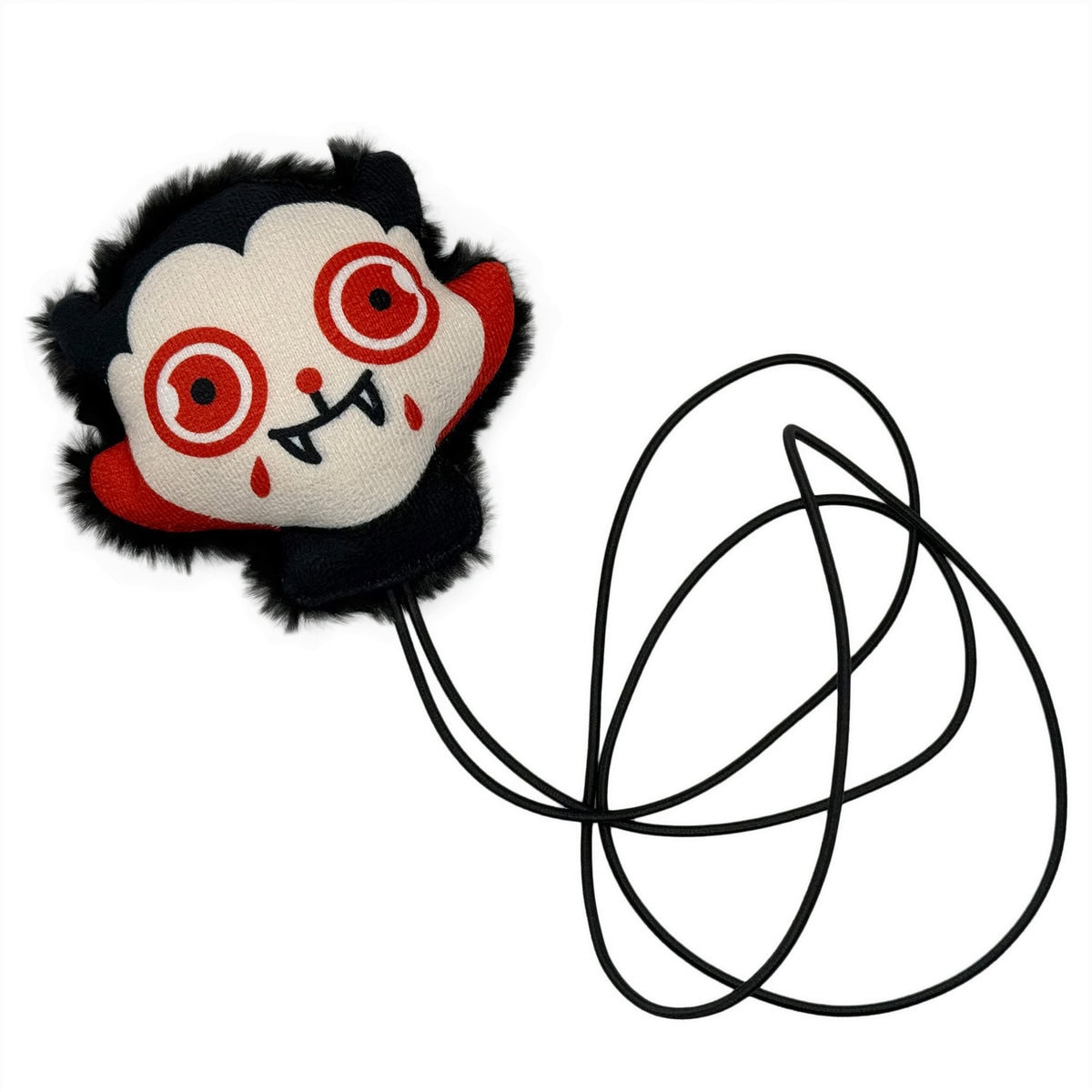 Front view of the WufWuf Mymeow Vampurr Teaser Cat Toy, plush vampire cat character with red eyes, fangs and black fur trim, attached to a long black string, shown on a white background.