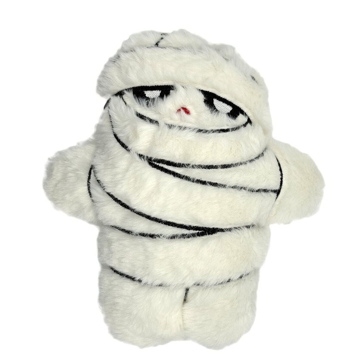 WW-DOG-0001-Mummy_Front copy WufWuf Mummy Crinkle Plush Dog Toy, soft white plush mummy character with embroidered eyes and crinkle material inside, designed for dogs to play and cuddle, shown on a white background.