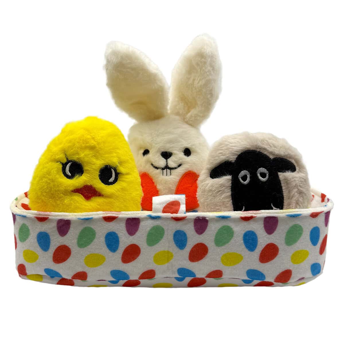 WW-DOG-0002-BASKET_02 copy Front view of the WufWuf Spring Basket Dog Toy, colourful polka dot basket holding three plush toys: a yellow chick, a white bunny with orange paws, and a fluffy lamb, shown on a white background.