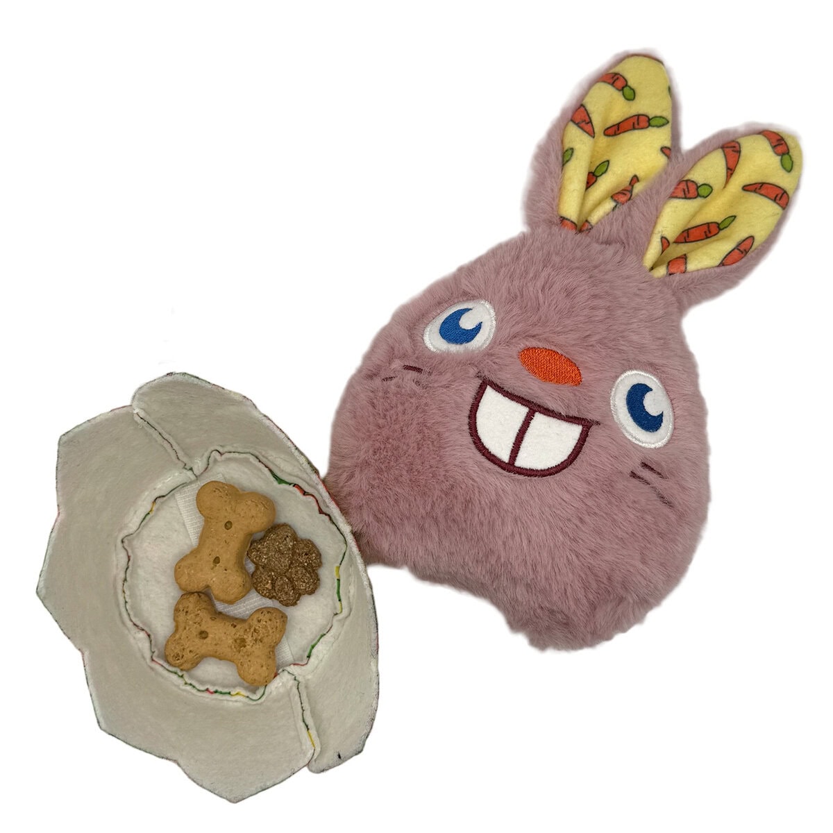 WW-DOG-0003-BASKET-02 copy WufWuf Hide & Seek Bunny Plush Dog Toy with Egg Shell pouch, shown with the bunny head beside the open shell filled with dog biscuits against a white background.