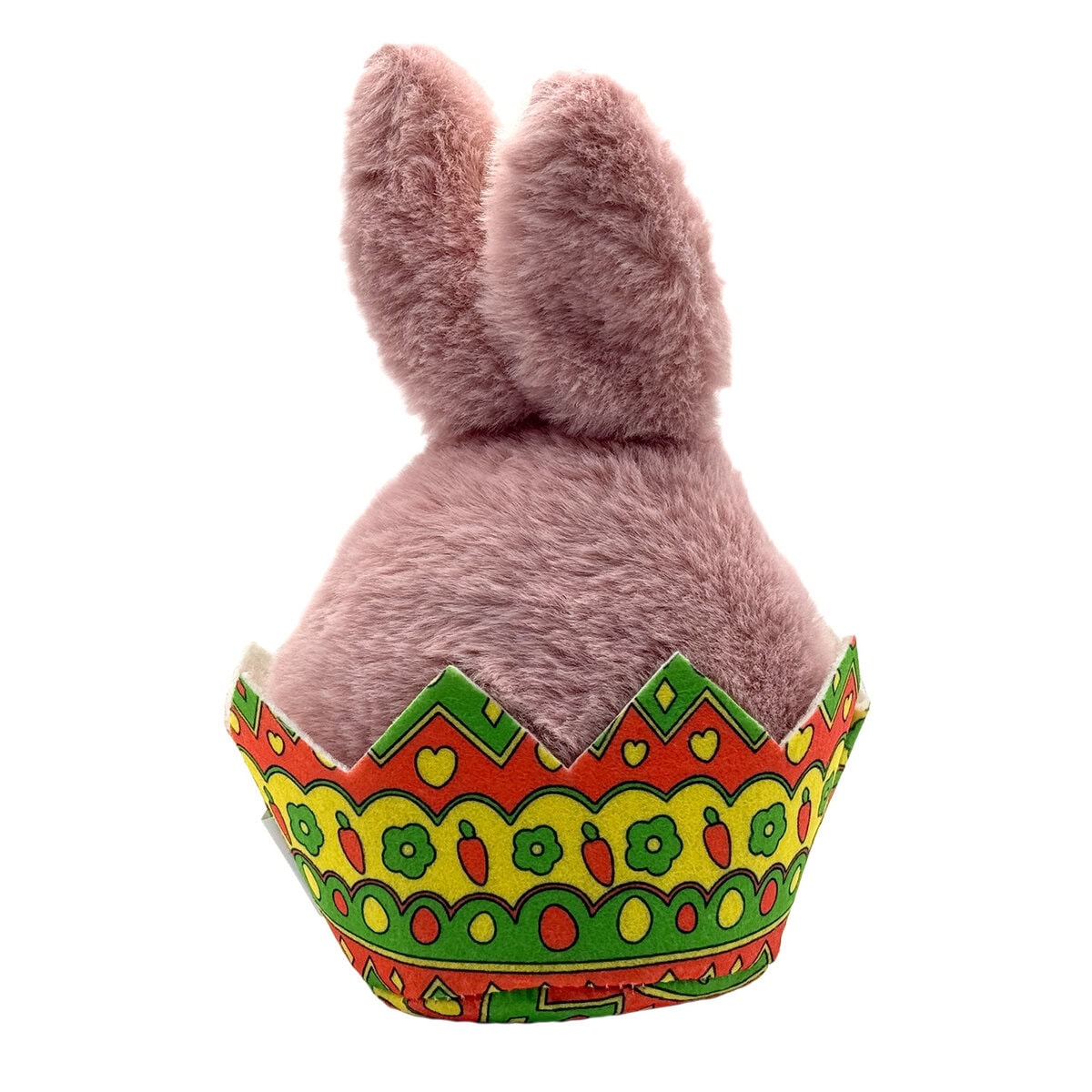 WW-DOG-0003_Egg Shell Rabbit_Back copy Back view of the WufWuf Rabbit in the Egg Shell Interactive Plush Dog Toy, pink plush bunny with tall ears sitting inside a colourful patterned egg shell basket, shown on a white background.