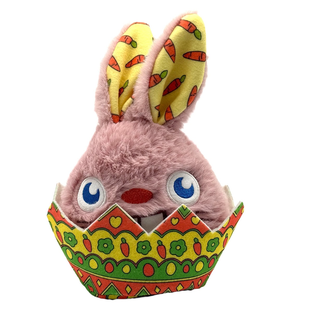 WW-DOG-0003_Egg Shell Rabbit_Front copy WufWuf Rabbit in the Egg Shell Interactive Plush Dog Toy, pink bunny with carrot-print ears inside a colourful patterned egg shell basket, shown on a white background.