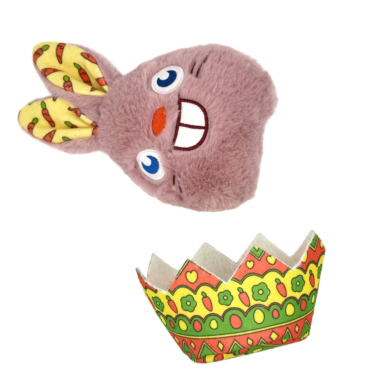 ww-dog-0003-off basket_01 copy WufWuf Hide & Seek Bunny Plush Dog Toy with Egg Shell pouch, shown with the bunny head and colourful patterned egg shell separated against a white background.