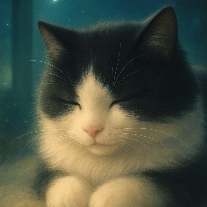 EdenWave Gift Card-Mameta-V1 Black and white cat named Mame-ta, photographed in EdenWave’s warm light style