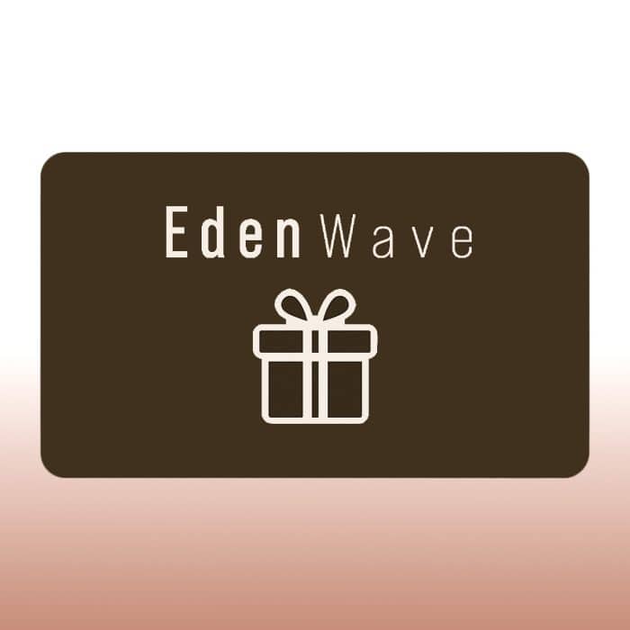 EdenWave Logo Gift Card-V1 copy EdenWave gift card — dark brown card, light-beige logo and gift icon on a soft pink-beige gradient