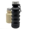 Black_Bottle_Bage_Croped_V1 copy Cocopup London Collapsible Water Bottle, black bottle shown fully extended and nude bottle shown folded, 500ml silicone design with stainless steel lids and carabiner clips.