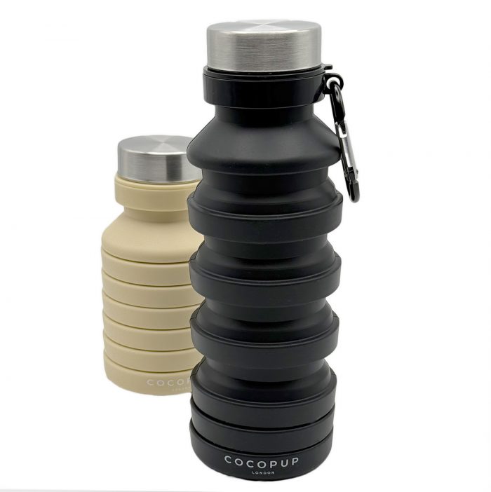 Black_Bottle_Bage_Croped_V1 copy Cocopup London Collapsible Water Bottle, black bottle shown fully extended and nude bottle shown folded, 500ml silicone design with stainless steel lids and carabiner clips.