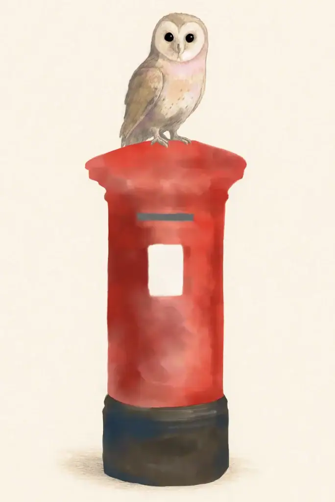 Watercolour illustration of a barn owl perched on a red British postbox.
