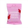 Pink Buddylicious Serrano Chicken Treats dog snack bag with red chicken illustrations and white text, semi-moist natural treats rich in omega oils – EdenWave.