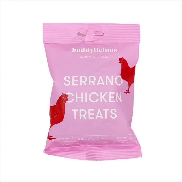 Pink Buddylicious Serrano Chicken Treats dog snack bag with red chicken illustrations and white text, semi-moist natural treats rich in omega oils – EdenWave.