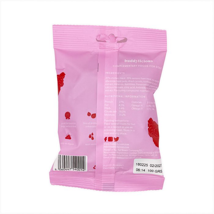 Back of Buddylicious Serrano Chicken Treats dog snack bag showing ingredients, nutritional values, and product information – EdenWave.
