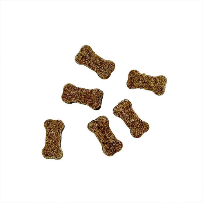 Bone-shaped Buddylicious Serrano Chicken dog treats on white background, approx. 2.5 × 1 × 1 cm each — semi-moist, natural, and rich in omega oils – EdenWave.