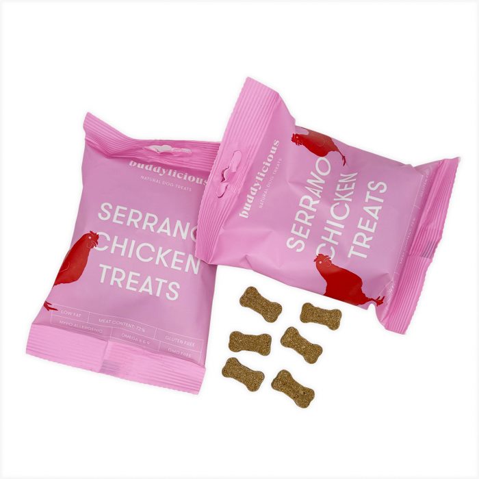 Two pink Buddylicious Serrano Chicken Treats bags with bone-shaped semi-moist treats on white background – EdenWave.