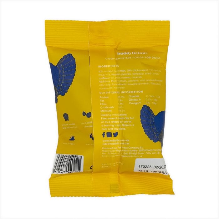 Back of Buddylicious Serrano Turkey Treats dog snack bag showing ingredients, nutritional values, and product details – EdenWave.